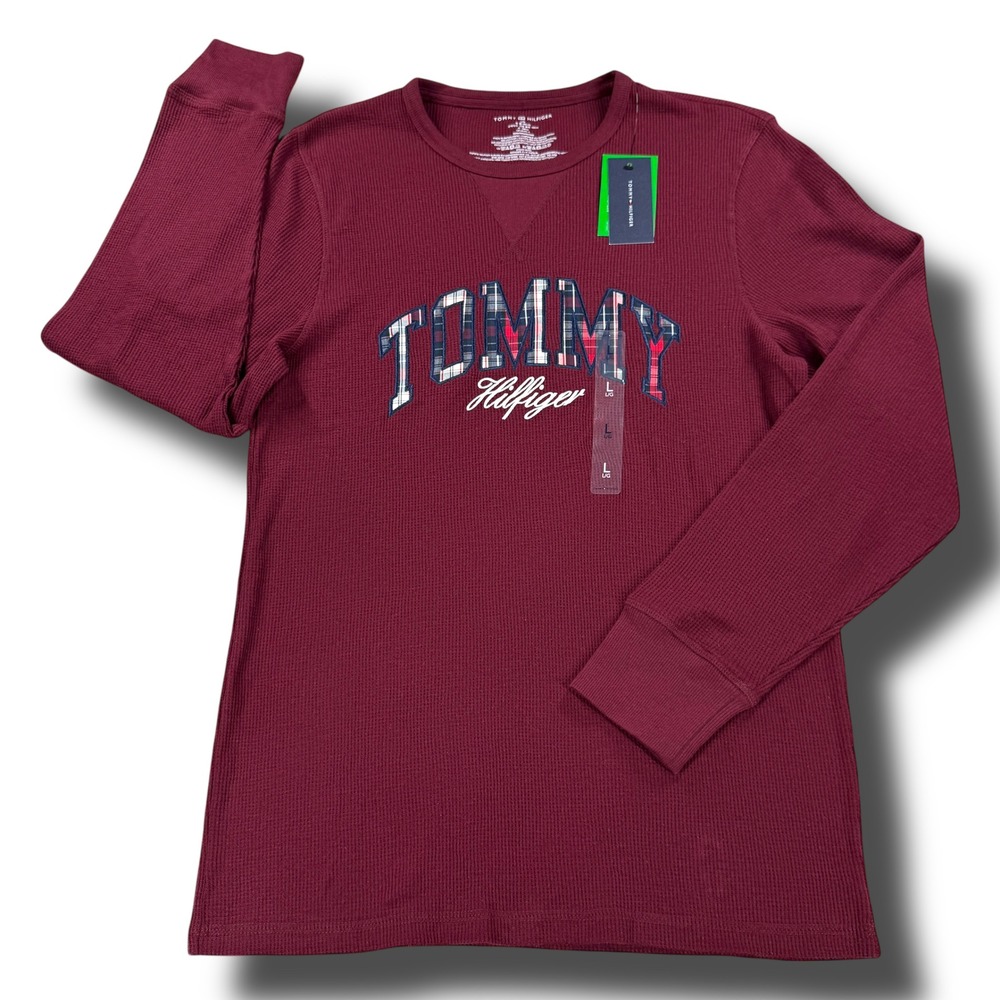 NWT Tommy Hilfiger Waffle Knit Thermal Shirt Mens Large L Burgundy Plaid Logo